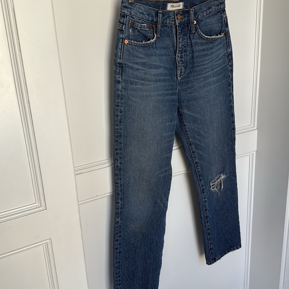 Madewell Petite Classic Straight Leg Jeans Jade Wash Knee-Rip Edition size 26 - Picture 8 of 16